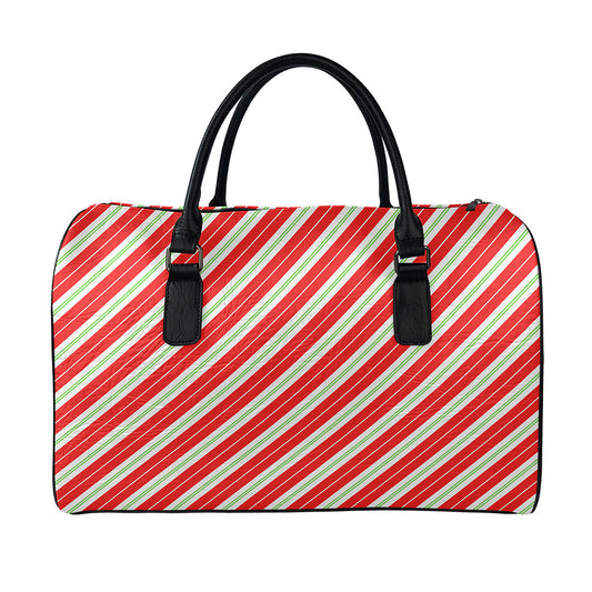 Christmas Candy Cane Stripes Print Leather Duffle Bag