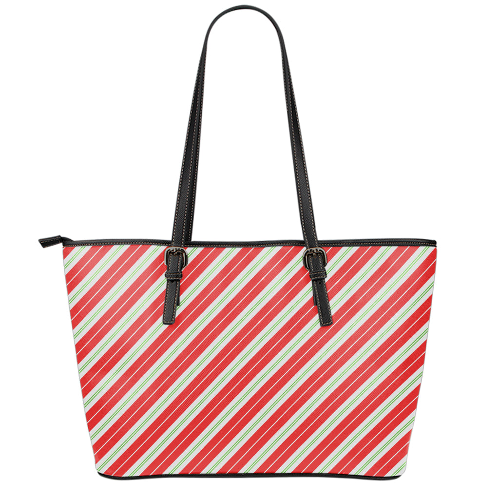 Christmas Candy Cane Stripes Print Leather Tote Bag