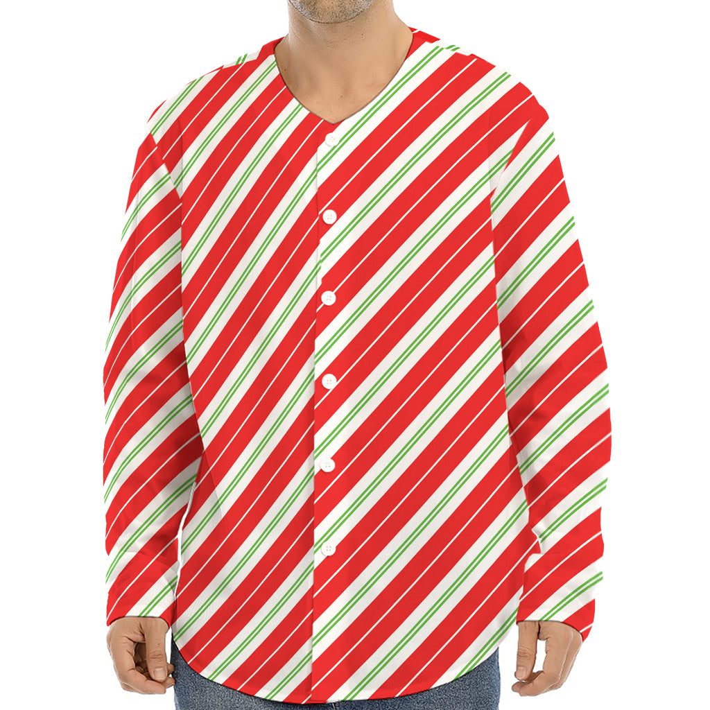 Christmas Candy Cane Stripes Print Long Sleeve Baseball Jersey