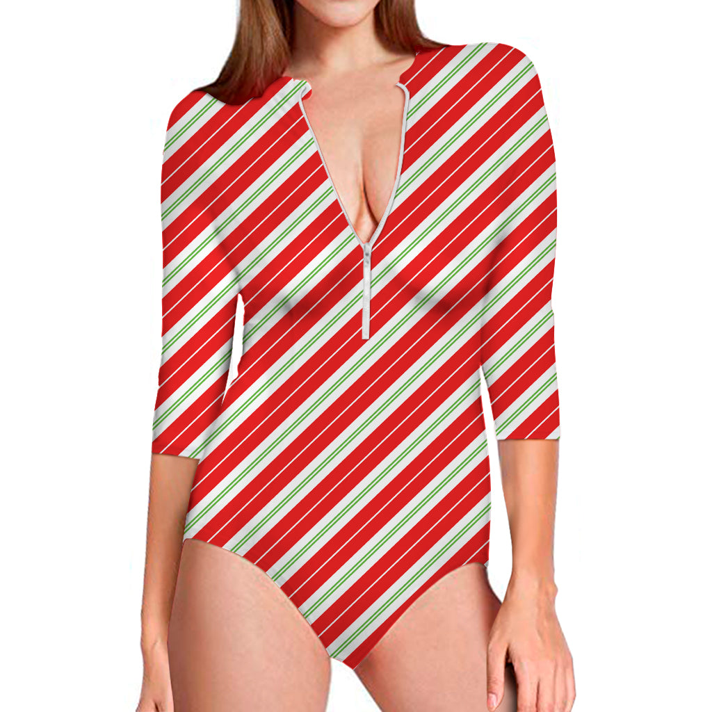 Christmas Candy Cane Stripes Print Long Sleeve Swimsuit