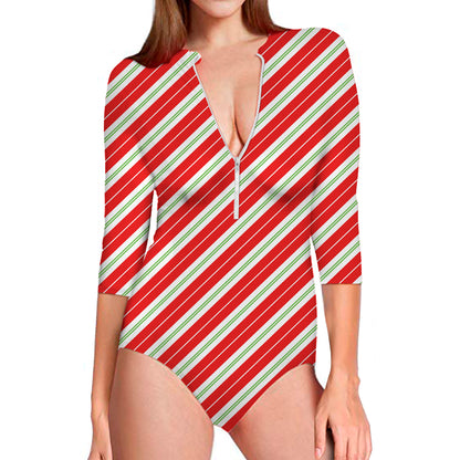 Christmas Candy Cane Stripes Print Long Sleeve Swimsuit