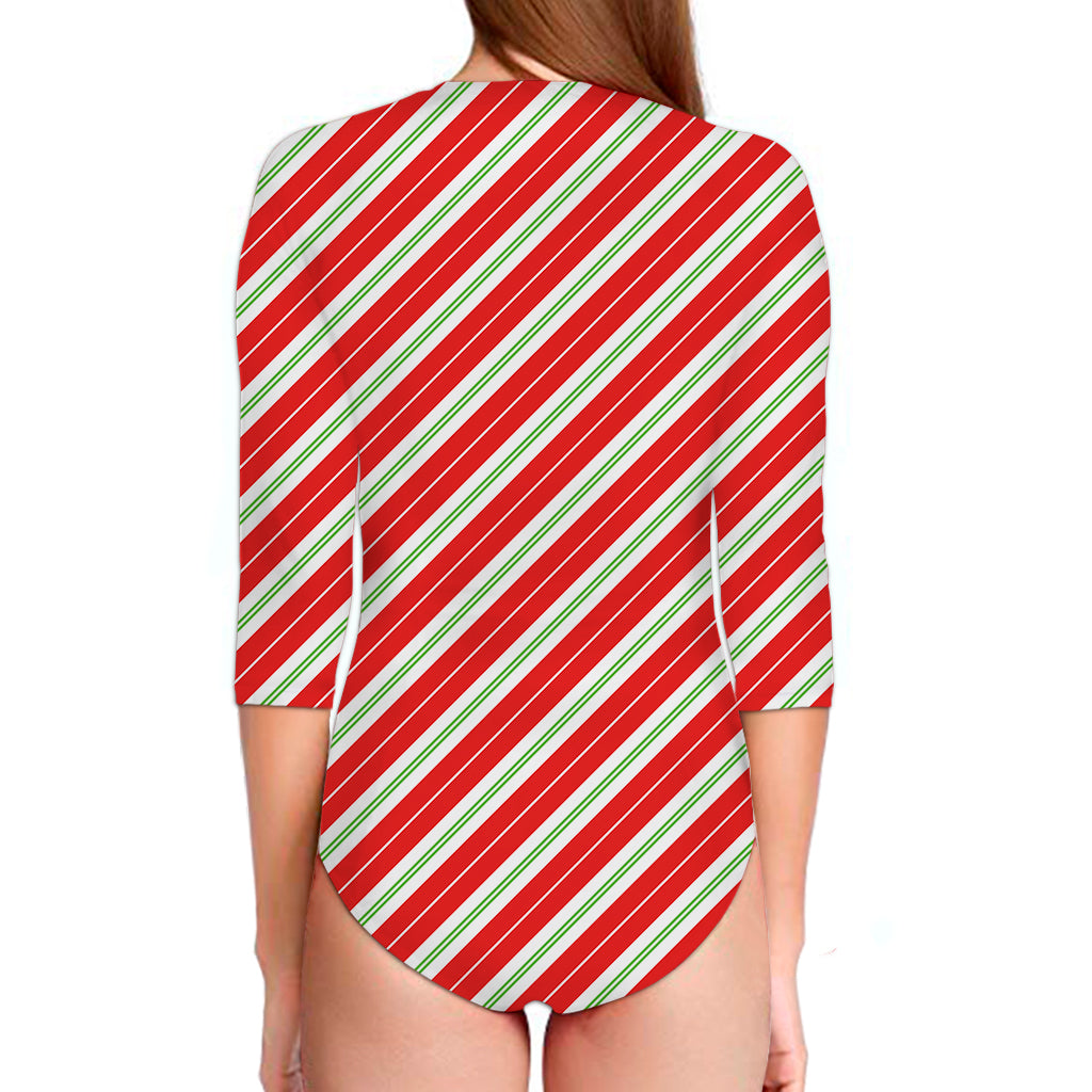Christmas Candy Cane Stripes Print Long Sleeve Swimsuit