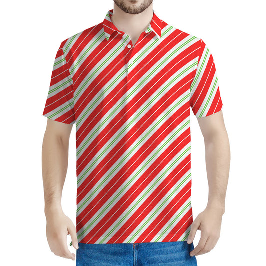 Christmas Candy Cane Stripes Print Men's Polo Shirt