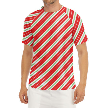 Christmas Candy Cane Stripes Print Men's Short Sleeve Rash Guard