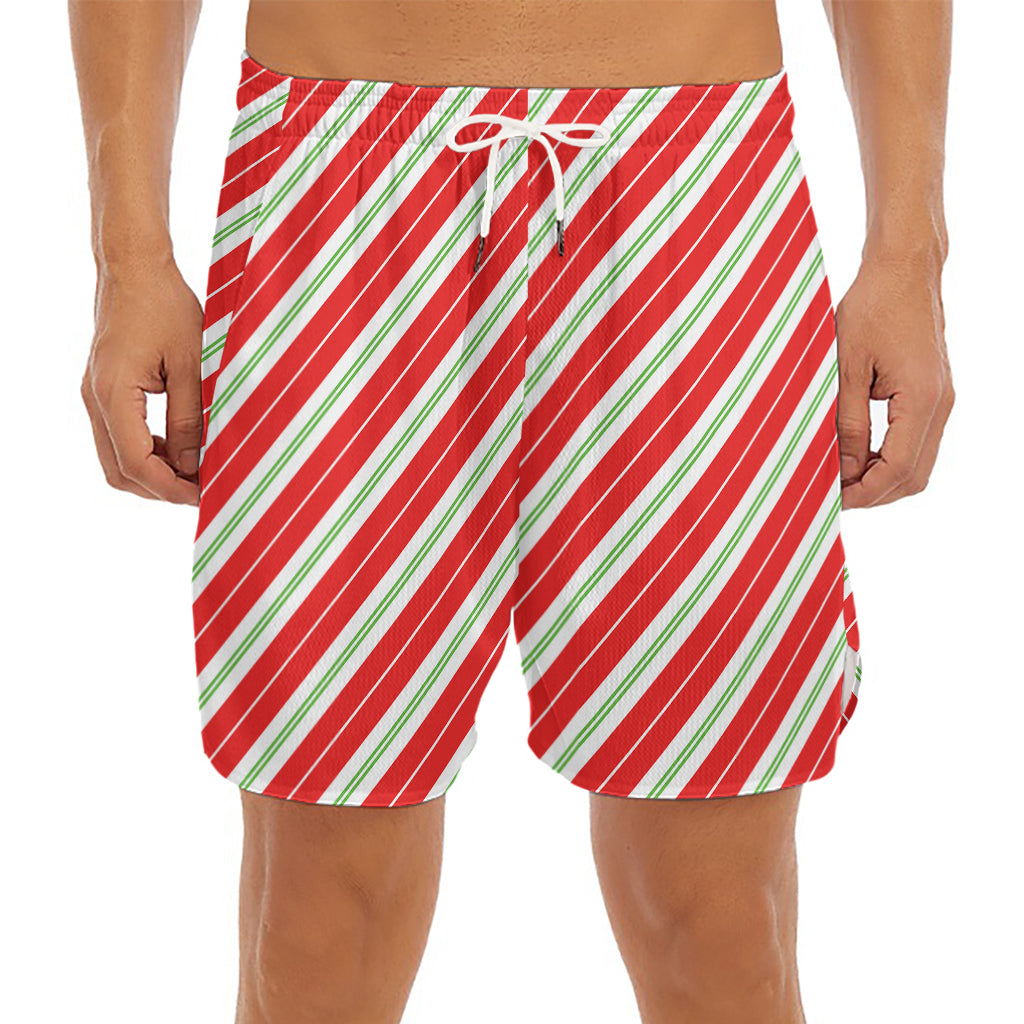 Christmas Candy Cane Stripes Print Men's Split Running Shorts