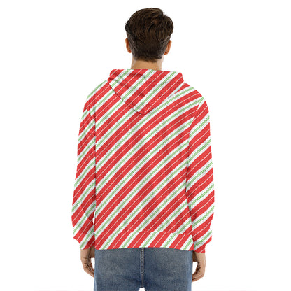 Christmas Candy Cane Stripes Print Men's Velvet Pullover Hoodie
