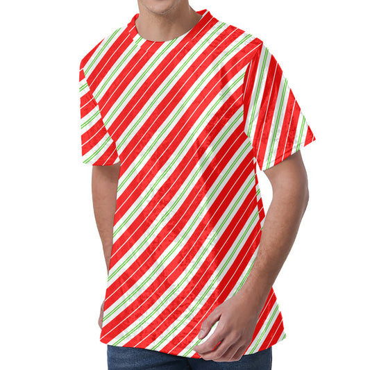 Christmas Candy Cane Stripes Print Men's Velvet T-Shirt
