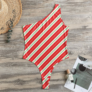 Christmas Candy Cane Stripes Print One Shoulder Bodysuit