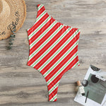 Christmas Candy Cane Stripes Print One Shoulder Bodysuit