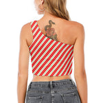 Christmas Candy Cane Stripes Print One Shoulder Crop Top