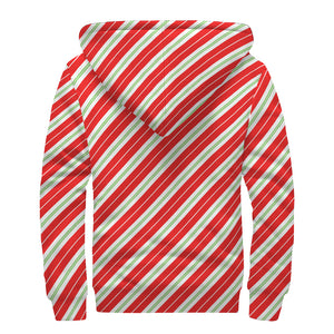 Christmas Candy Cane Stripes Print Sherpa Lined Zip Up Hoodie