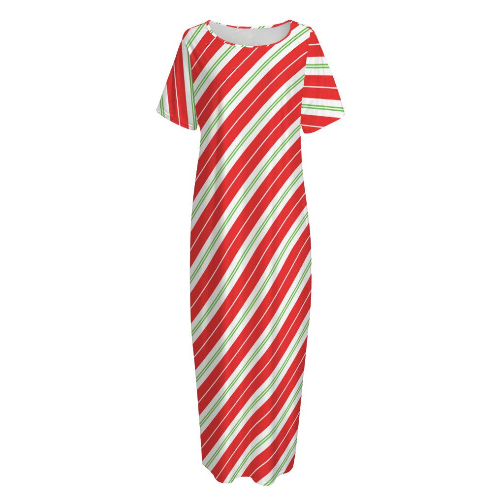 Christmas Candy Cane Stripes Print Short Sleeve Long Nightdress