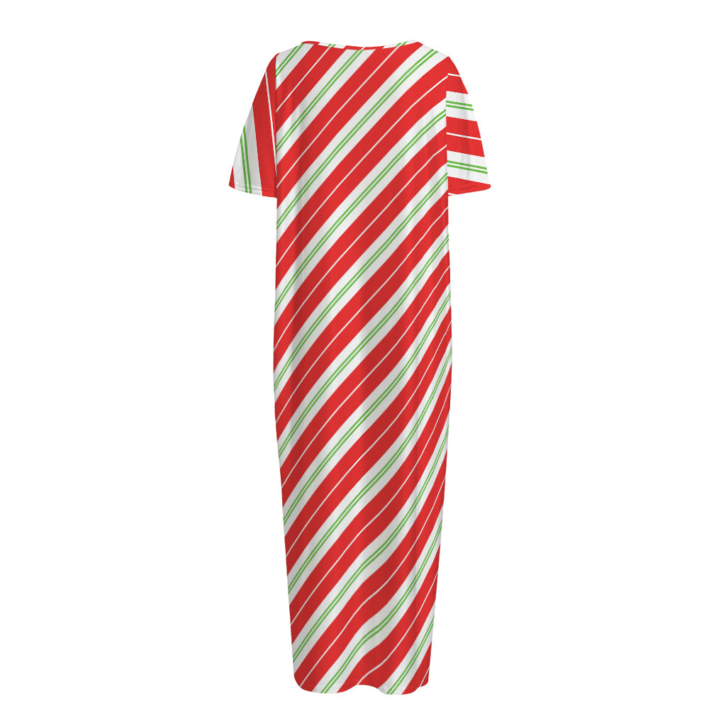 Christmas Candy Cane Stripes Print Short Sleeve Long Nightdress