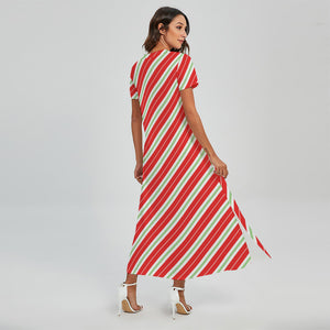 Christmas Candy Cane Stripes Print Short Sleeve Maxi Dress