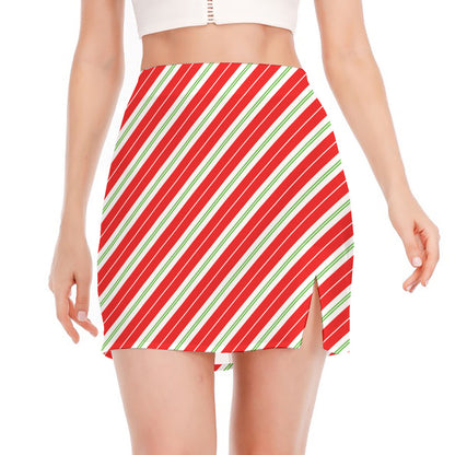 Christmas Candy Cane Stripes Print Side Slit Mini Skirt