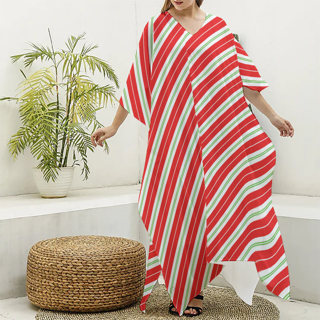 Christmas Candy Cane Stripes Print Silk V-Neck Kaftan Dress