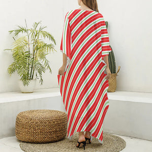 Christmas Candy Cane Stripes Print Silk V-Neck Kaftan Dress