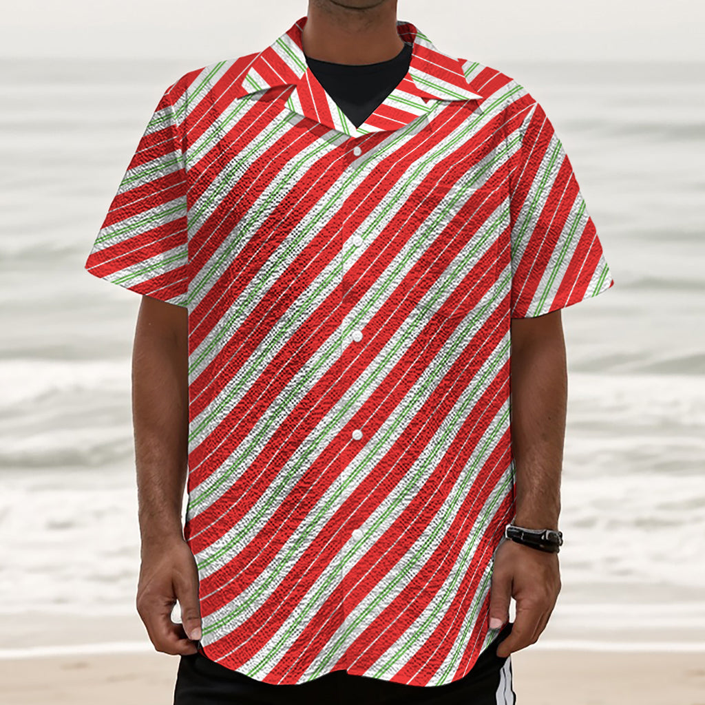 Christmas Candy Cane Stripes Print Textured Short Sleeve Shirt