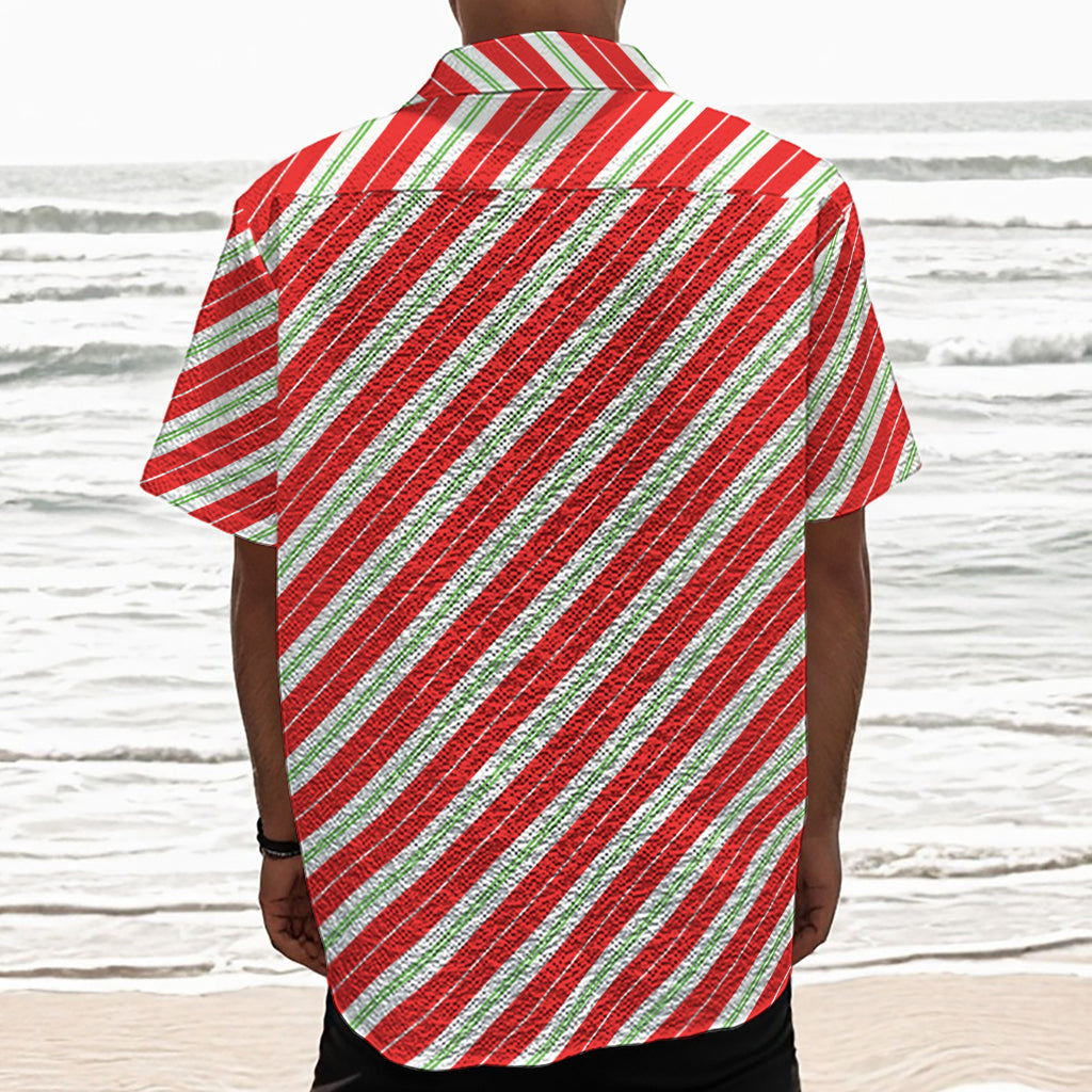 Christmas Candy Cane Stripes Print Textured Short Sleeve Shirt