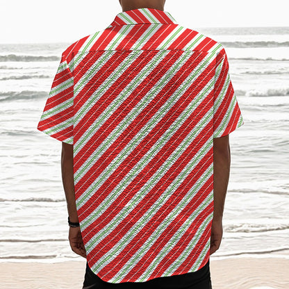 Christmas Candy Cane Stripes Print Textured Short Sleeve Shirt