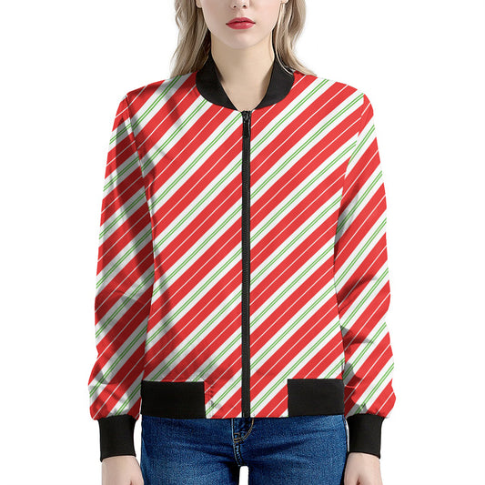 Christmas Candy Cane Stripes Print Women's Bomber Jacket