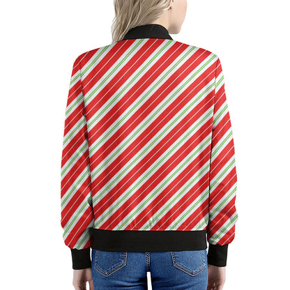 Christmas Candy Cane Stripes Print Women's Bomber Jacket