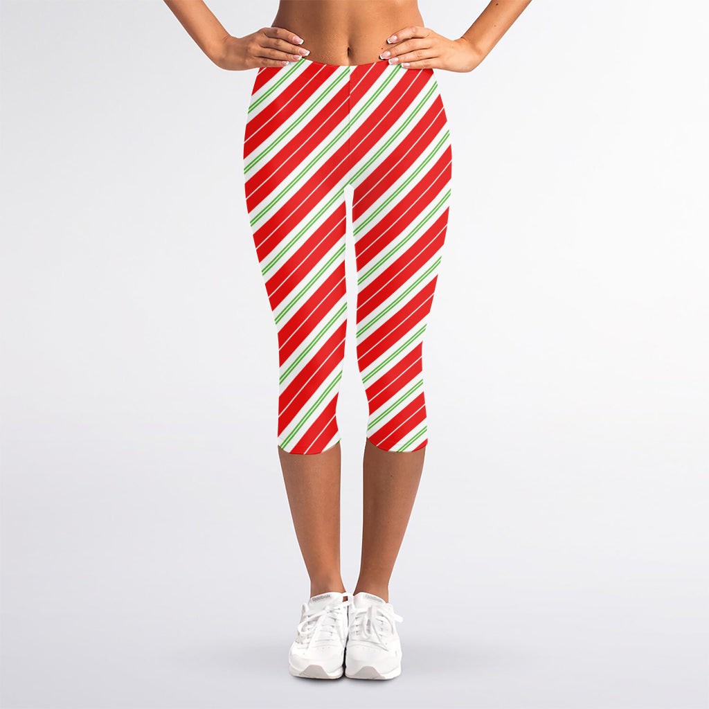 Christmas Candy Cane Stripes Print Women's Capri Leggings