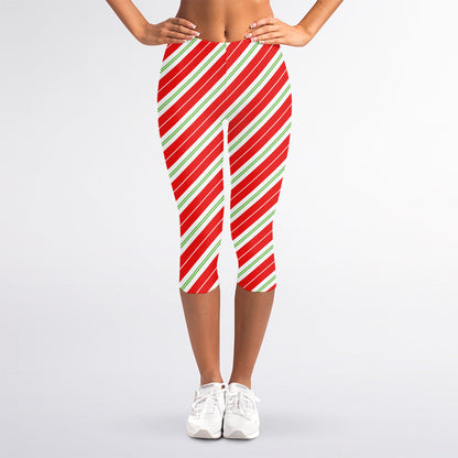 Christmas Candy Cane Stripes Print Women's Capri Leggings