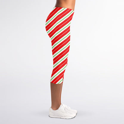 Christmas Candy Cane Stripes Print Women's Capri Leggings
