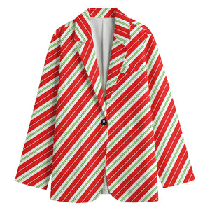 Christmas Candy Cane Stripes Print Women's Cotton Blazer