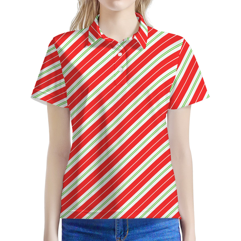 Christmas Candy Cane Stripes Print Women's Polo Shirt