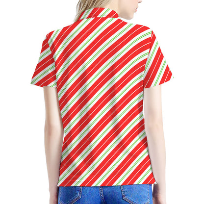 Christmas Candy Cane Stripes Print Women's Polo Shirt