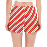 Christmas Candy Cane Stripes Print Women's Split Running Shorts