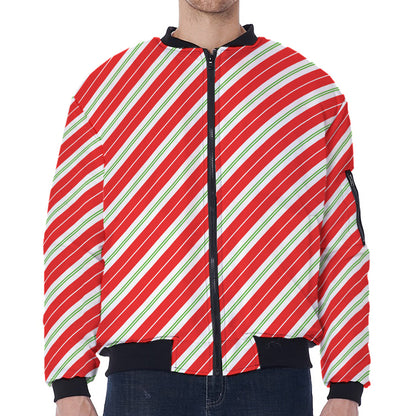 Christmas Candy Cane Stripes Print Zip Sleeve Bomber Jacket