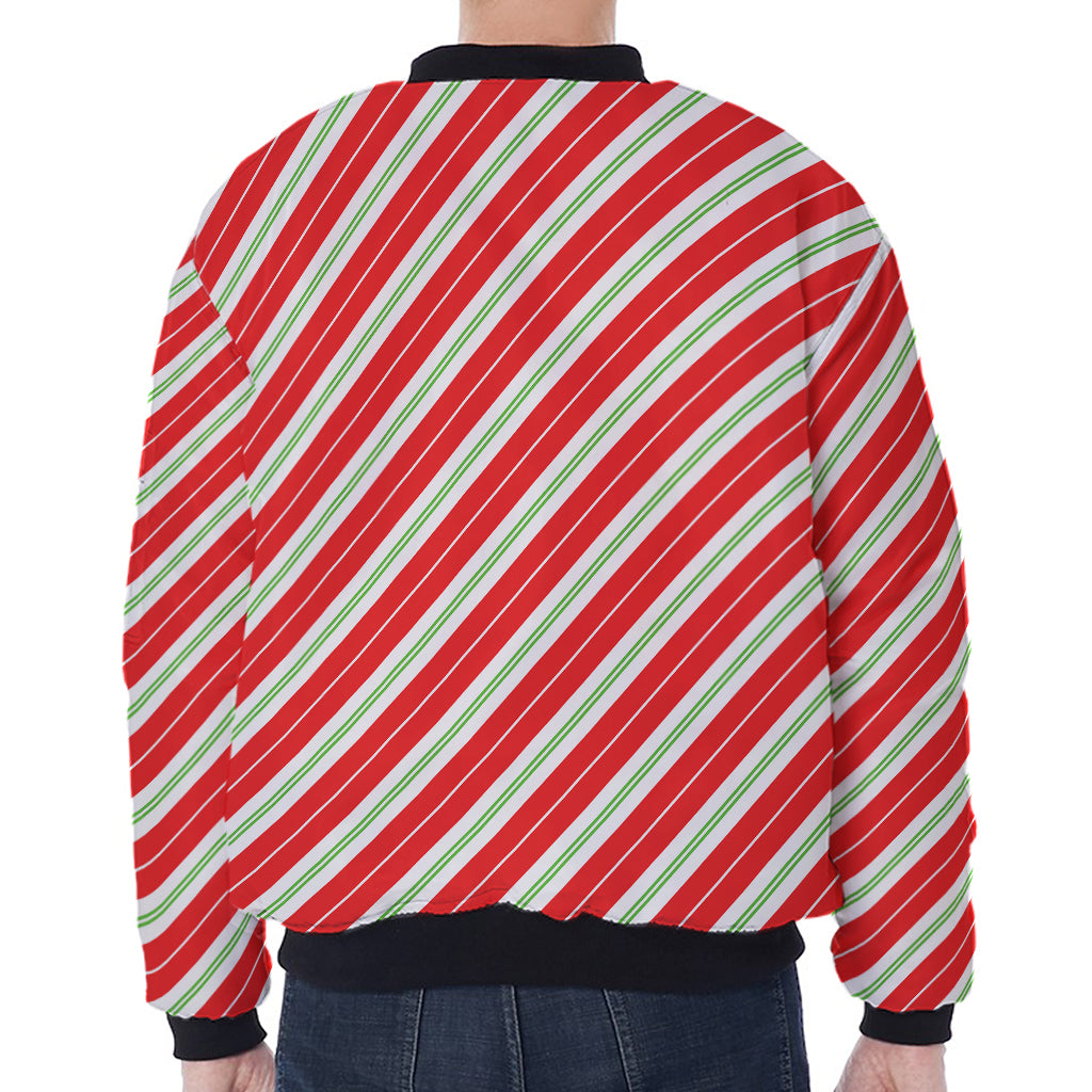 Christmas Candy Cane Stripes Print Zip Sleeve Bomber Jacket