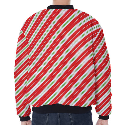 Christmas Candy Cane Stripes Print Zip Sleeve Bomber Jacket
