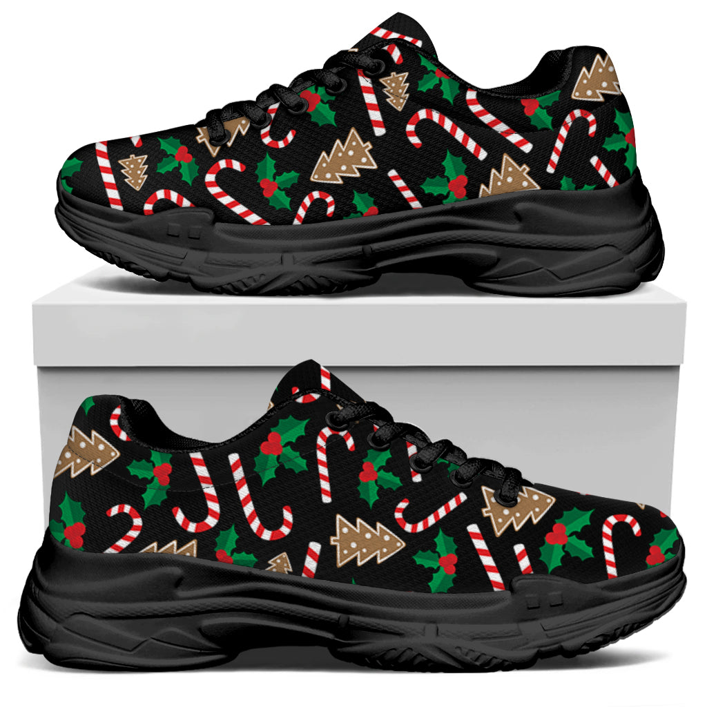 Christmas Cookie And Candy Pattern Print Black Chunky Shoes