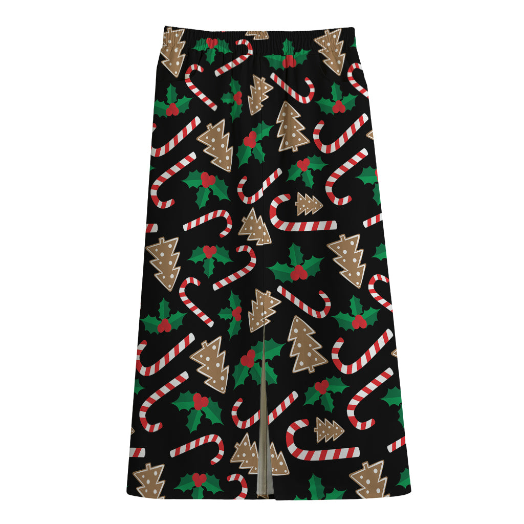 Christmas Cookie And Candy Pattern Print Cotton Front Slit Maxi Skirt