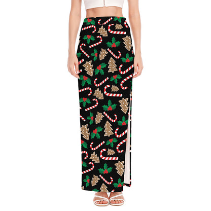 Christmas Cookie And Candy Pattern Print High Slit Maxi Skirt
