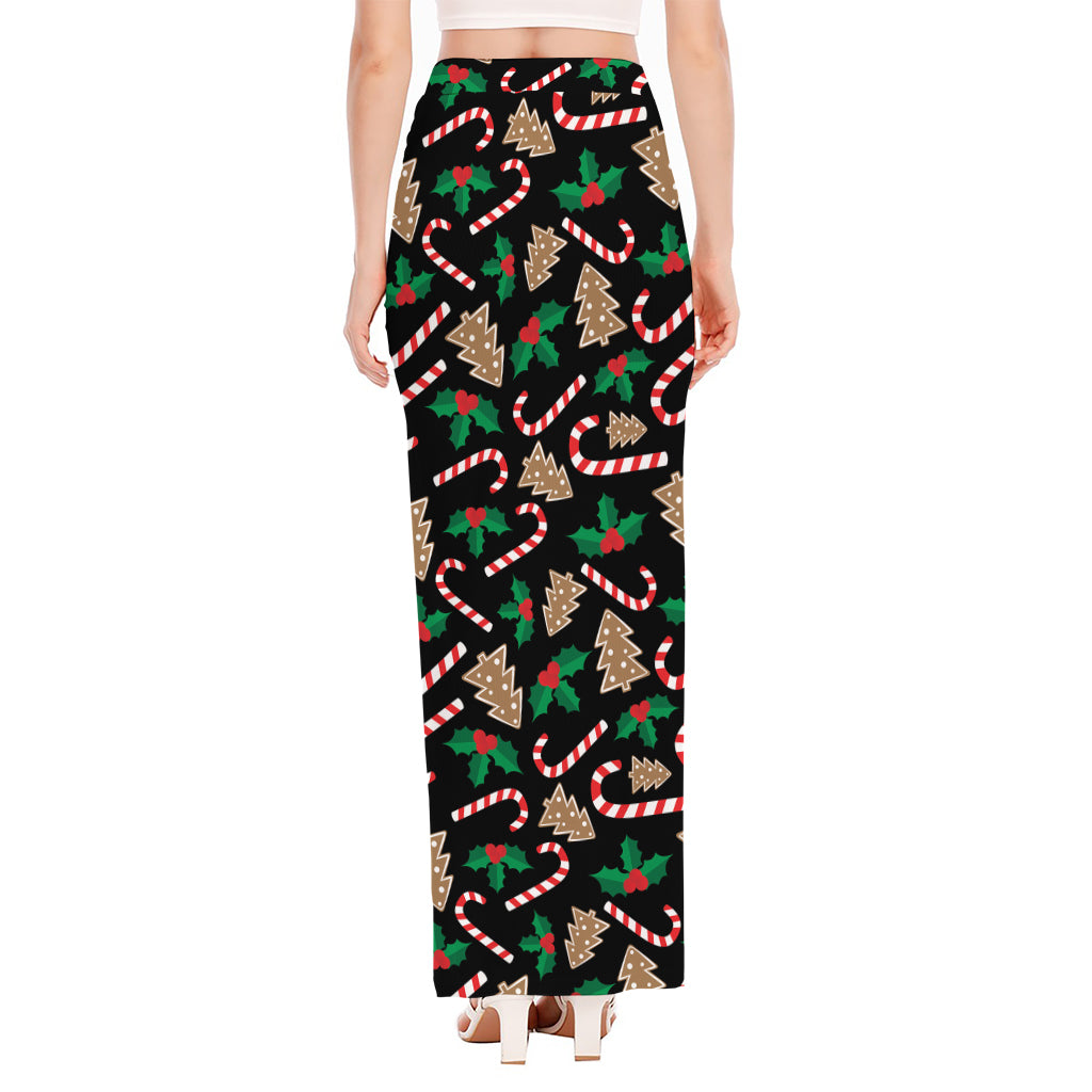 Christmas Cookie And Candy Pattern Print High Slit Maxi Skirt