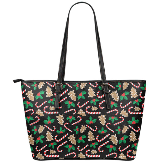 Christmas Cookie And Candy Pattern Print Leather Tote Bag