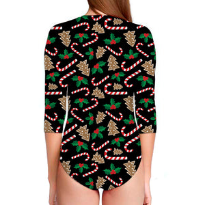 Christmas Cookie And Candy Pattern Print Long Sleeve Swimsuit