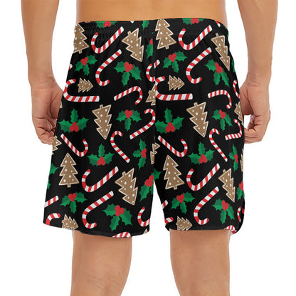 Christmas Cookie And Candy Pattern Print Men's Split Running Shorts