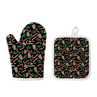 Christmas Cookie And Candy Pattern Print Oven Mitt And Pot Holder Set