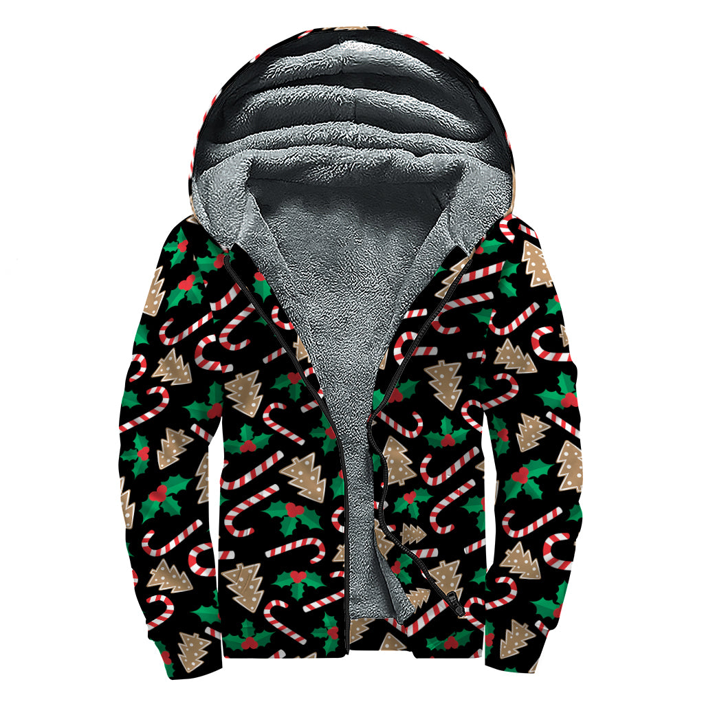 Christmas Cookie And Candy Pattern Print Sherpa Lined Zip Up Hoodie