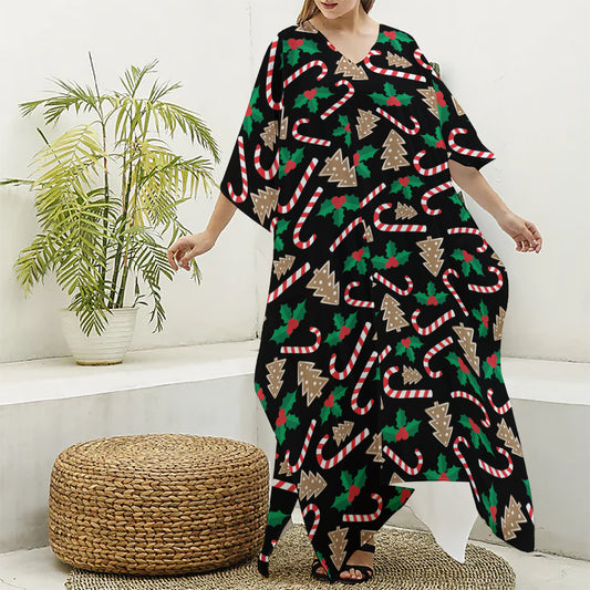 Christmas Cookie And Candy Pattern Print Silk V-Neck Kaftan Dress
