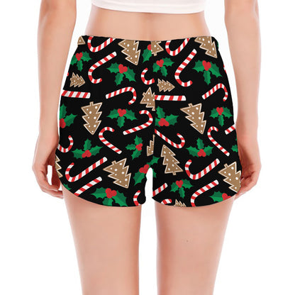 Christmas Cookie And Candy Pattern Print Women's Split Running Shorts
