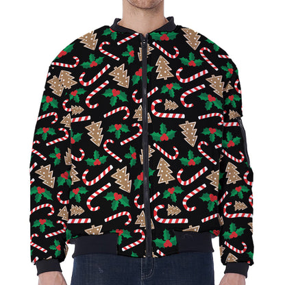 Christmas Cookie And Candy Pattern Print Zip Sleeve Bomber Jacket