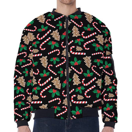 Christmas Cookie And Candy Pattern Print Zip Sleeve Bomber Jacket
