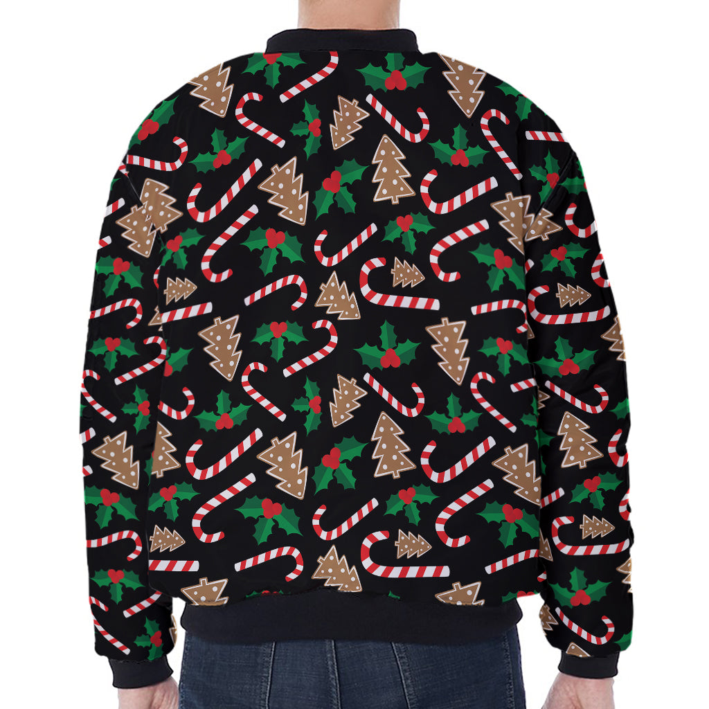 Christmas Cookie And Candy Pattern Print Zip Sleeve Bomber Jacket